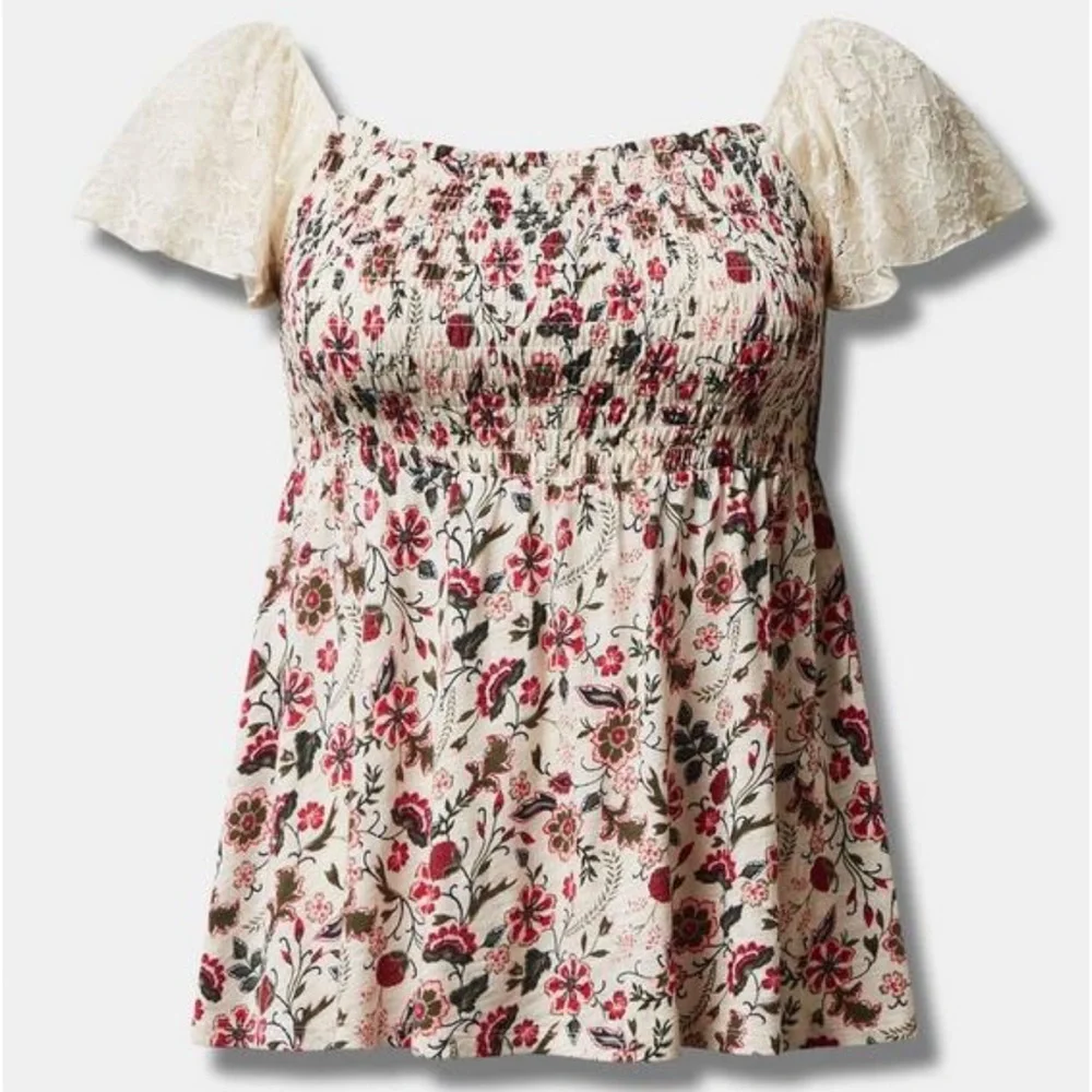 Torrid Cotton Modal Slub Smocked Bodice Lace Flutter Sleeve Babydoll Top
